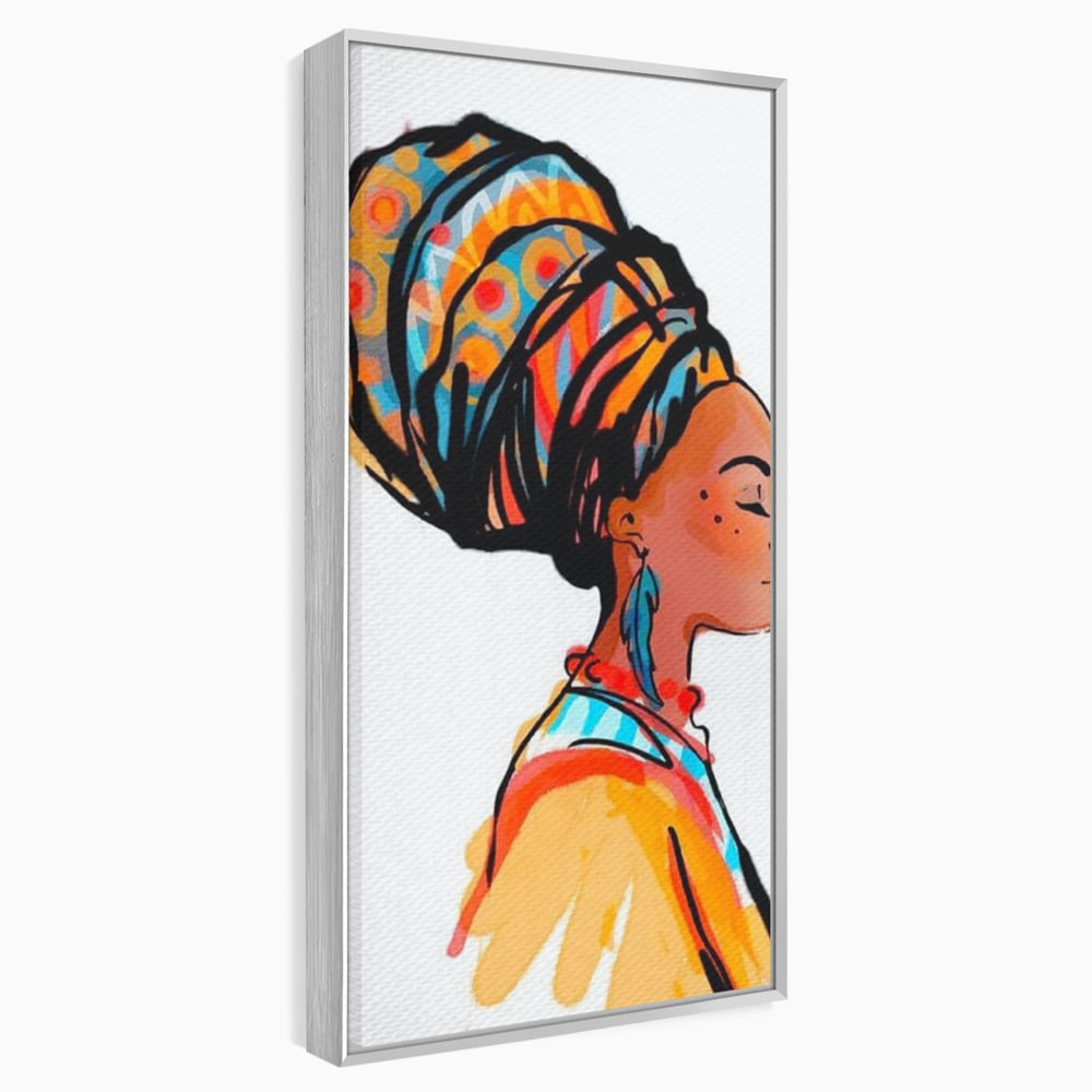 Tablou canvas cu ilustratie digitala cu profil de femeie, in rama de aluminiu argintiu